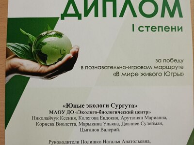 Диплом победителей городского слета "Эколог и Я"